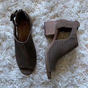 Jessica Simpson’s brown open toe ankle boots